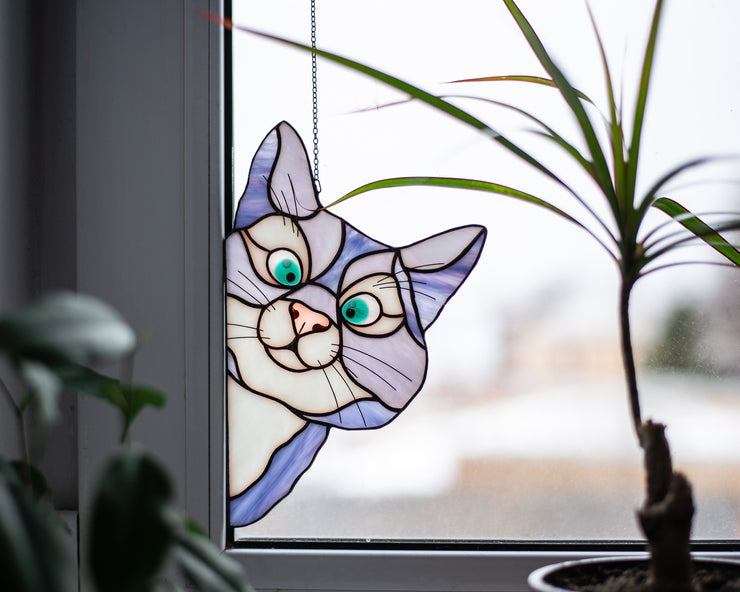 Peeking Cat Stained Glass Suncatcher, Violet-Blue