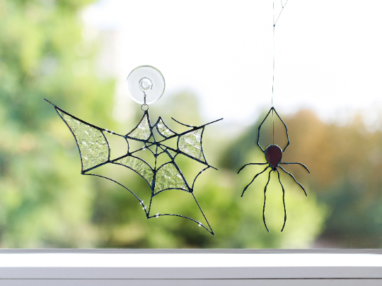 Spider web, Stained glass spider on the web, Window hangings, Halloween spider suncatcher, Gothic decor for Halloween