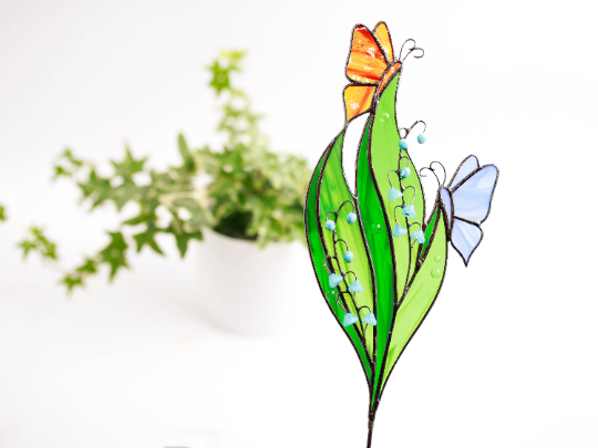 Stained Glass Lily of the Valley Plant Stakes Butterfly on Green Leaf Suncatcher Mothers Day Gift Glass Plant Decor For Pots