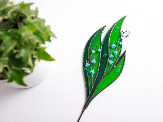 Stained Glass Lily of the Valley Plant Stakes Butterfly on Green Leaf Suncatcher Mothers Day Gift Glass Plant Decor For Pots