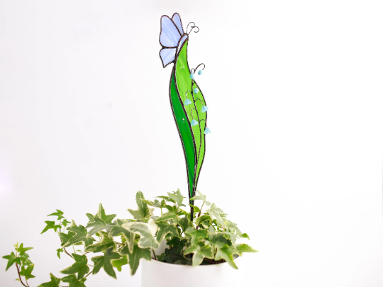 Stained Glass Lily of the Valley Plant Stakes Butterfly on Green Leaf Suncatcher Mothers Day Gift Glass Plant Decor For Pots