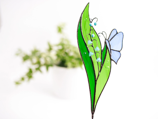 Stained Glass Lily of the Valley Plant Stakes Butterfly on Green Leaf Suncatcher Mothers Day Gift Glass Plant Decor For Pots