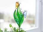 Stained Glass Lily of the Valley Plant Stakes Butterfly on Green Leaf Suncatcher Mothers Day Gift Glass Plant Decor For Pots