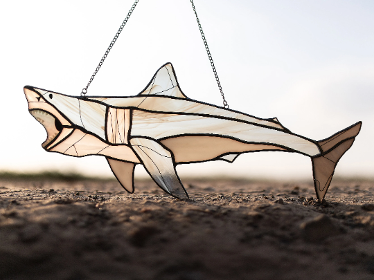 Stained Glass Shark Suncatcher, Gray Fish Window Hangings