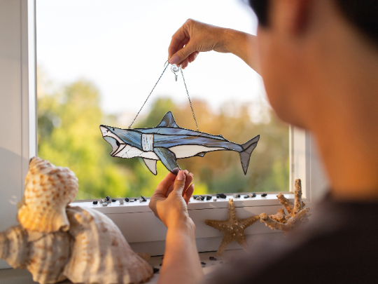 Stained Glass Shark Suncatcher, Gray Fish Window Hangings