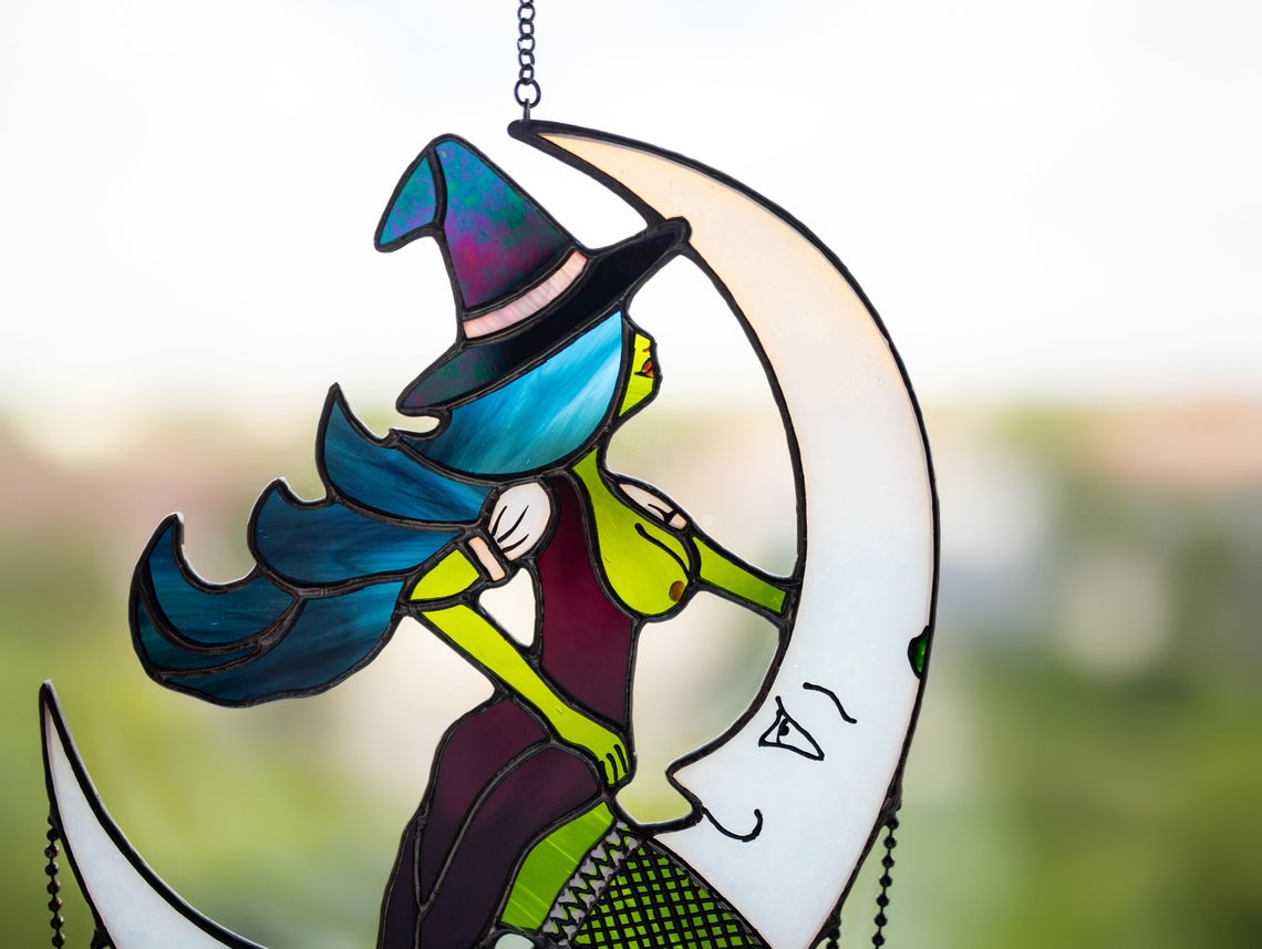 🌜Witch on Moon Stained Glass Window Hangings 🖤