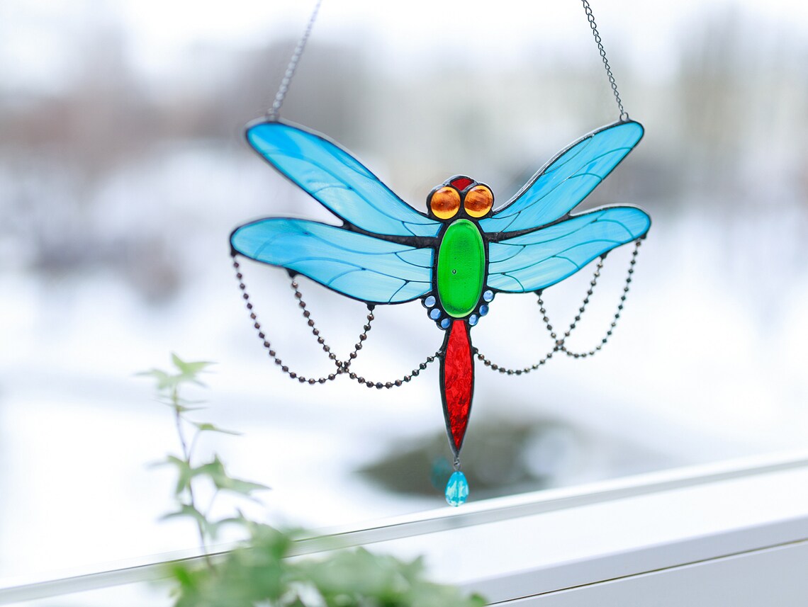 Unique Stained Glass Dragonfly Ornament, Springtime Decor for Dragonfly Lover, Dragonfly Suncatcher order Homeowner Gift