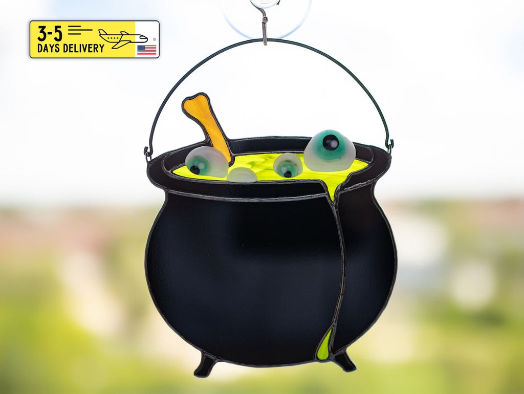 Halloween Stained Glass Witches Cauldron - Handcrafted Suncatcher for Witchy Home Decor and Unique Halloween Gifts
