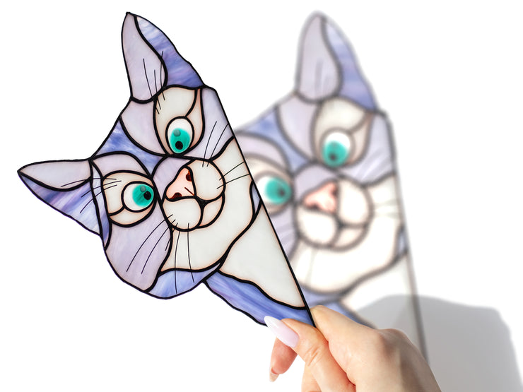 Peeking Cat Stained Glass Suncatcher, Violet-Blue