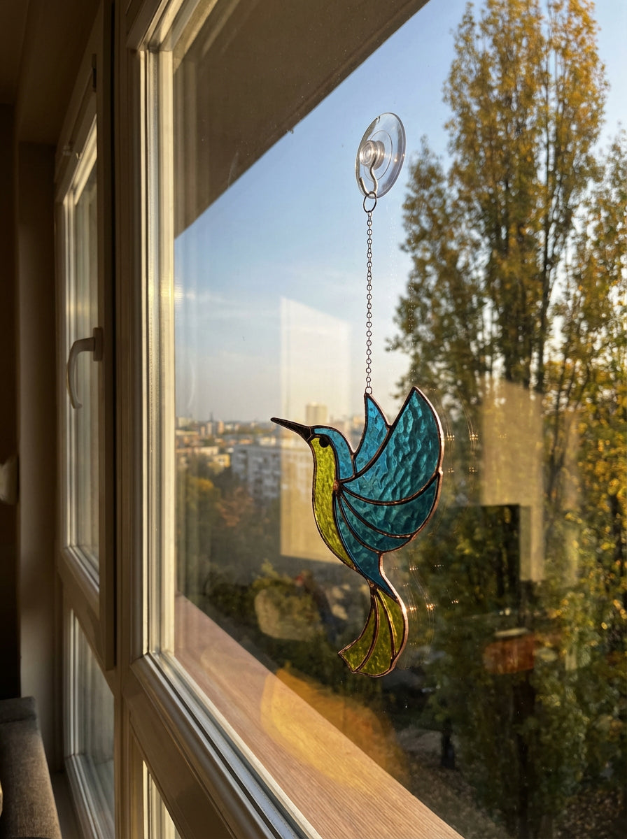 Stained glass hummingbird in window